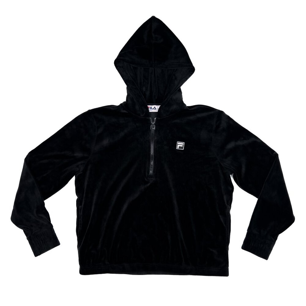 Fila Black Velour 1/4-Zip‎ Hoodie Athletic Plush Full Zip-Up Jacket Size L - Picture 2 of 7